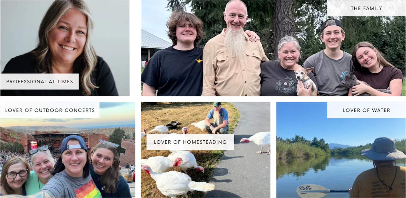 A collage of Katie&rsquo;s family: all of them outdoors with Iris the dog and Scully the cat, Katie&rsquo;s headshot, friends at an outdoor concert, Beck with the turkeys, and a kayak on the water
