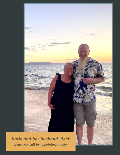Katie and her husband Beck on a beach at sunset. Caption: Beard consult by appointment only.